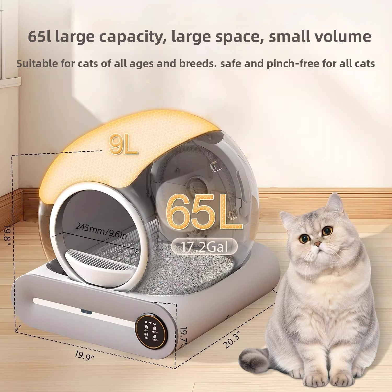 Smart Automatic Self-Cleaning Cat Litter Box with APP Control, 65L Large Space & Odor Elimination, for Cats up to 18lbs