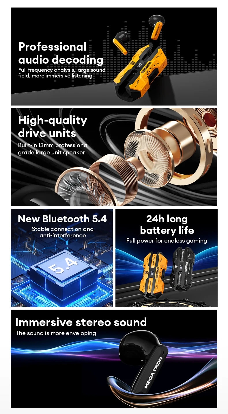 Choice TRANSFORMERS TF-T51 Bluetooth 5.4 Gaming Headsets Stereo Sound Wireless Earphones LED Display AI Translator Headphones